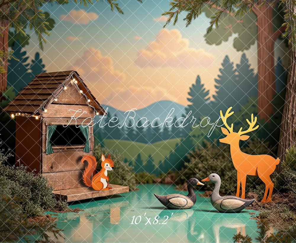 Kate Wald Holzhaus Tiere Illustrativ Hintergrund Entworfen von Laura Bybee