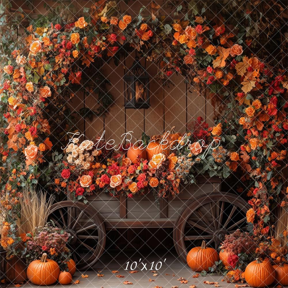Kate Herbst Kürbis Blumen Wagen Hintergrund Entworfen von Patty Roberts - Kate Backdrop.de