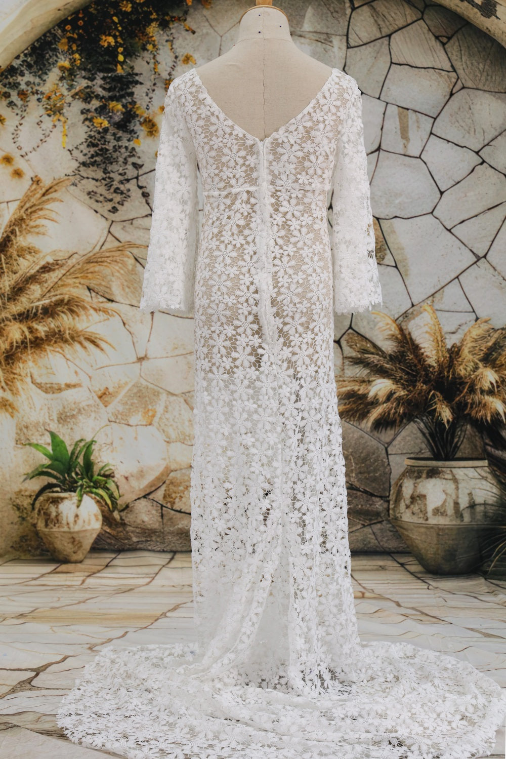 Kate Weißes Spitze Mid Sleeve Trailing Perspektive Mutterschaft Fotoshooting Kleid - Kate Backdrop.de