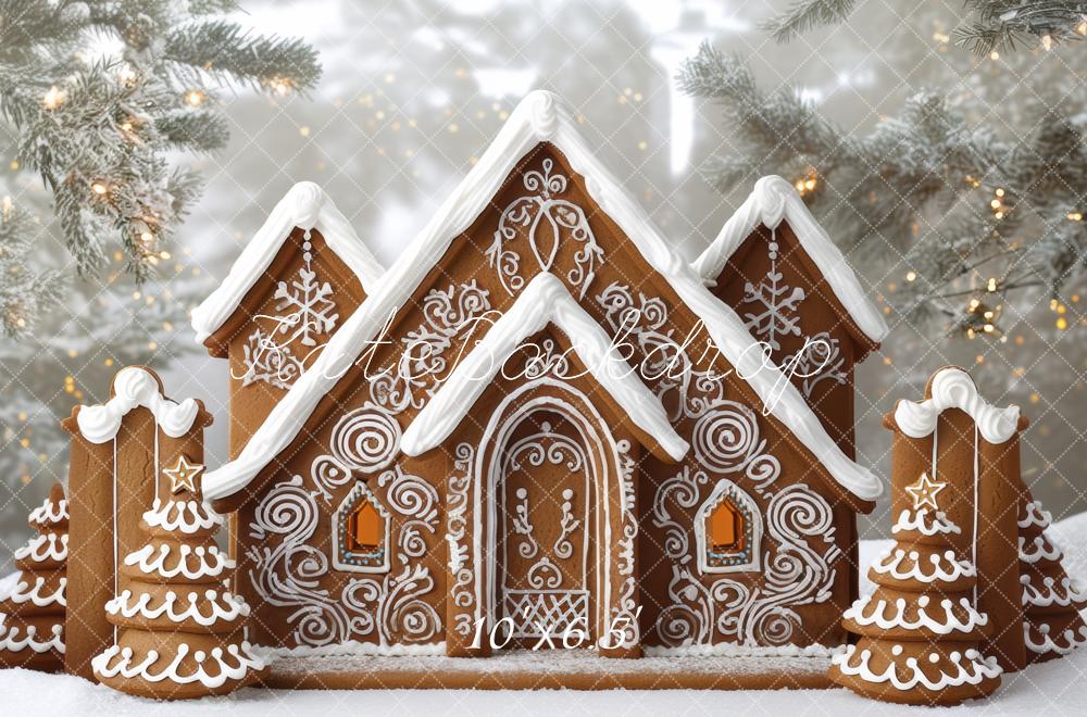 Kate Weihnachten Lebkuchenhaus Tannen Schnee Hintergrund Entworfen von Mini MakeBelieve - Kate Backdrop.de