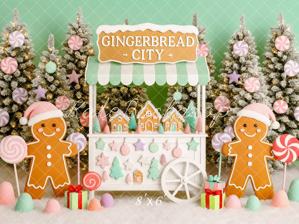 Kate Weihnachten Lebkuchenhaus Tannen Pastell Hintergrund Entworfen von Patty Roberts - Kate Backdrop.de