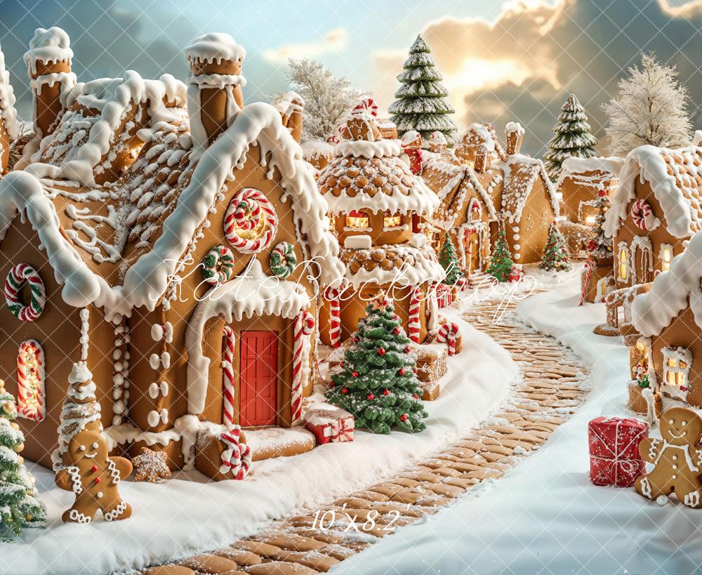 Flash Sale-Kate Weihnachten Lebkuchenhaus Schneelandschaft Hintergrund Entworfen von Emetselch