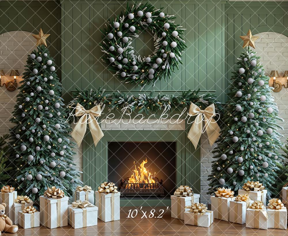 Kate Weihnachten Kamin Tannenbaum Grün Hintergrund Entworfen von Mini MakeBelieve - Kate Backdrop.de