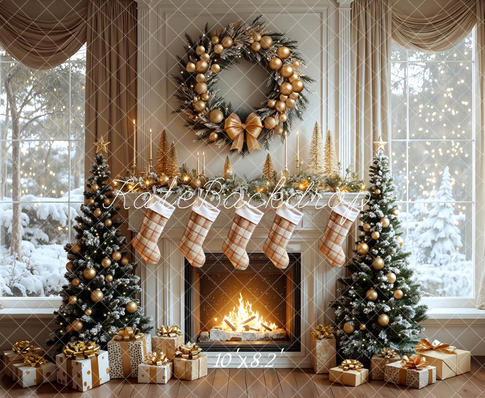 Kate Weihnachten Kamin Weihnachtsbaum Gold Hintergrund Entworfen von Mini MakeBelieve - Kate Backdrop.de
