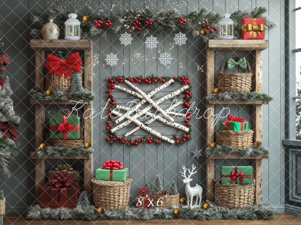 Kate Weihnachten Geschenke Regale Rustikal Hintergrund Entworfen von Mini MakeBelieve - Kate Backdrop.de