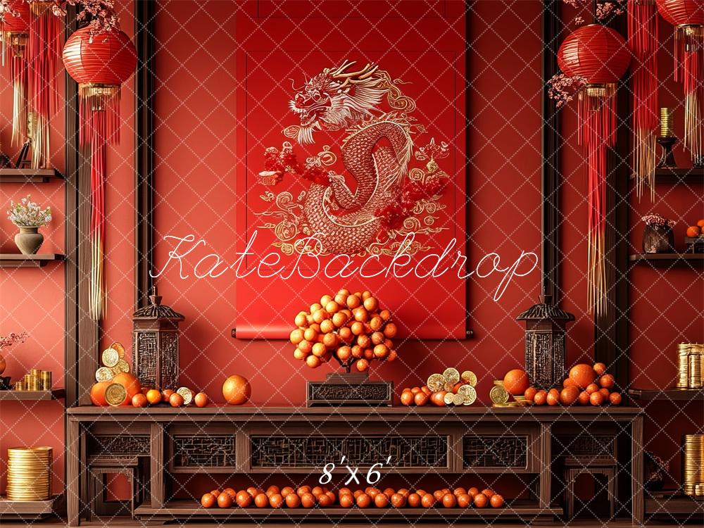 Kate Chinesisches Neujahr Drache Laternen Rot Hintergrund Entworfen von Mini MakeBelieve