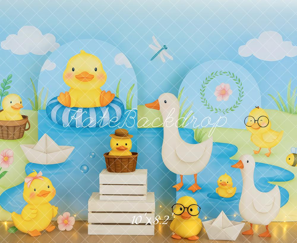 Kate Enten Teich Papierboote Blau Hintergrund Entworfen von Patty Roberts - Kate Backdrop.de