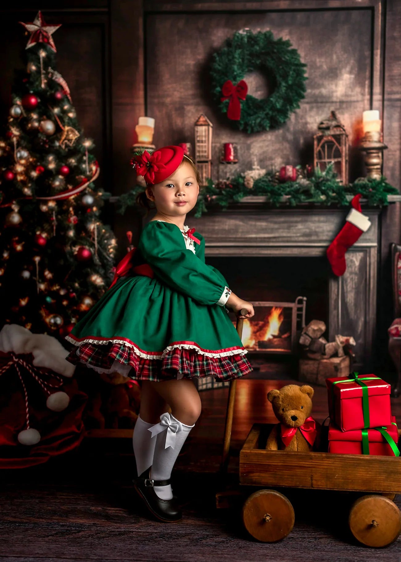 Kate Weihnachten Kamin Hintergrund+Dark Wood Barn Gummibodenmatte - Kate Backdrop.de