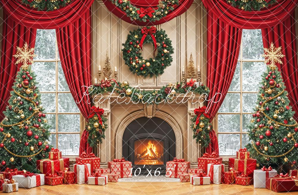 Kate Weihnachten Kamin Tannenbaum Rot Hintergrund Entworfen von Emetselch - Kate Backdrop.de
