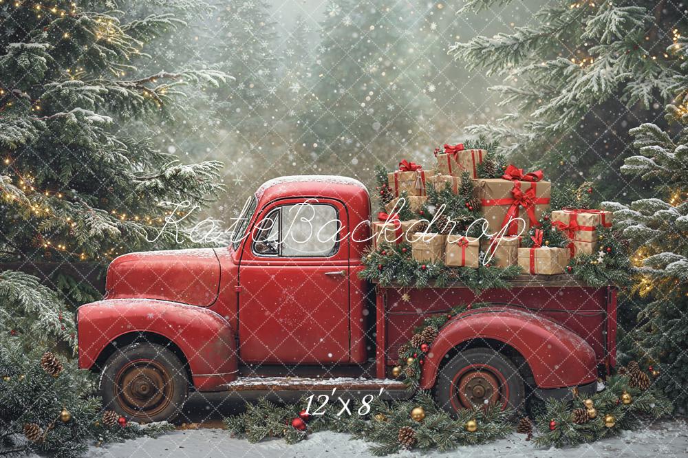 Kate Weihnachten Roter Truck Geschenke Tannenwald Fleece Hintergrund Entworfen von Emetselch - Kate Backdrop.de