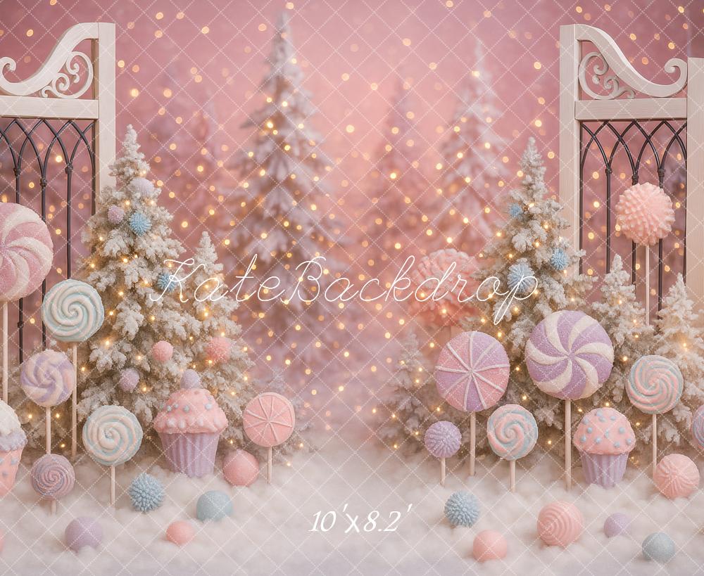 Kate Weihnachten Süßigkeiten Tannen Rosa Hintergrund Entworfen von Ashley Paul - Kate Backdrop.de