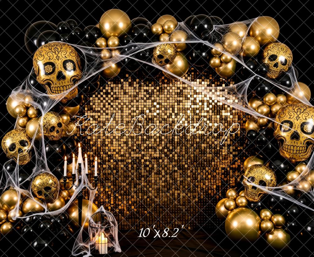 Kate Halloween Totenköpfe Ballons Gold Hintergrund Entworfen von Patty Roberts - Kate Backdrop.de