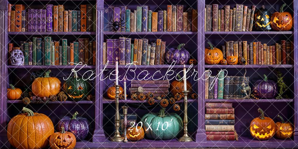 Kate Halloween Bücher Regal Kürbisse Lila Hintergrund Entworfen von Emetselch - Kate Backdrop.de