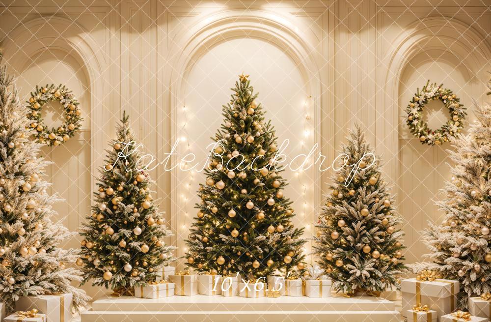 Kate Weihnachten Tannenbäume Geschenke Gold Hintergrund Entworfen von Emetselch