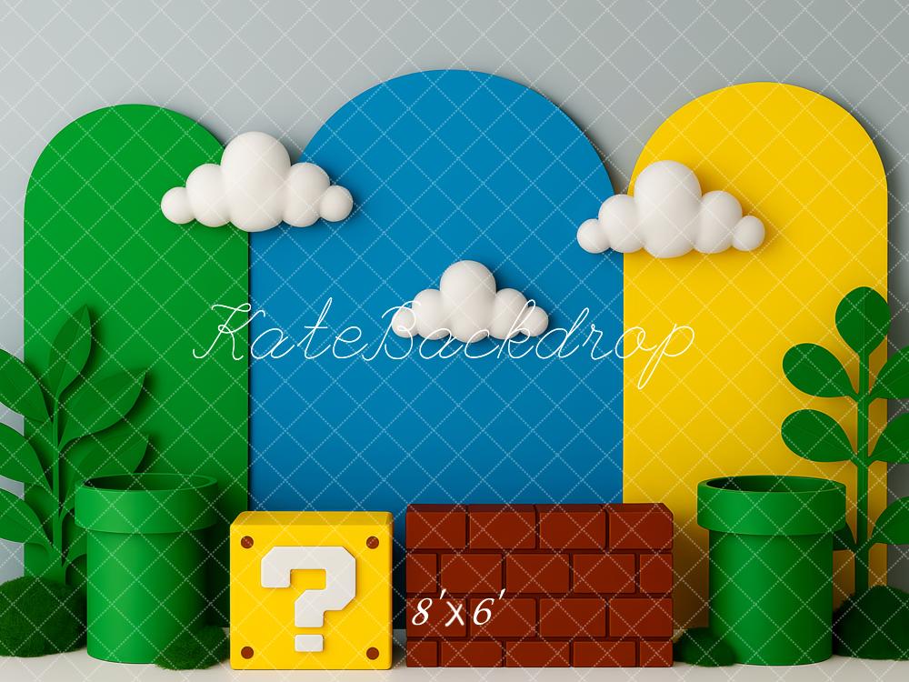 Kate Videospiel Röhren Wolken Bunt Hintergrund Entworfen von Patty Roberts - Kate Backdrop.de