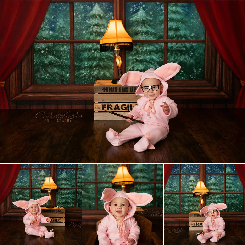 Kate Weihnachten Fenster Schnee Nacht Hintergrund+Braun/Rot Töne Holz Gummi Bodenmatte - Kate Backdrop.de