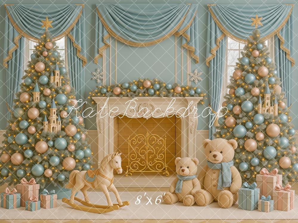 Kate Weihnachten Kamin Teddybär Pastell Hintergrund Entworfen von Ashley Paul - Kate Backdrop.de