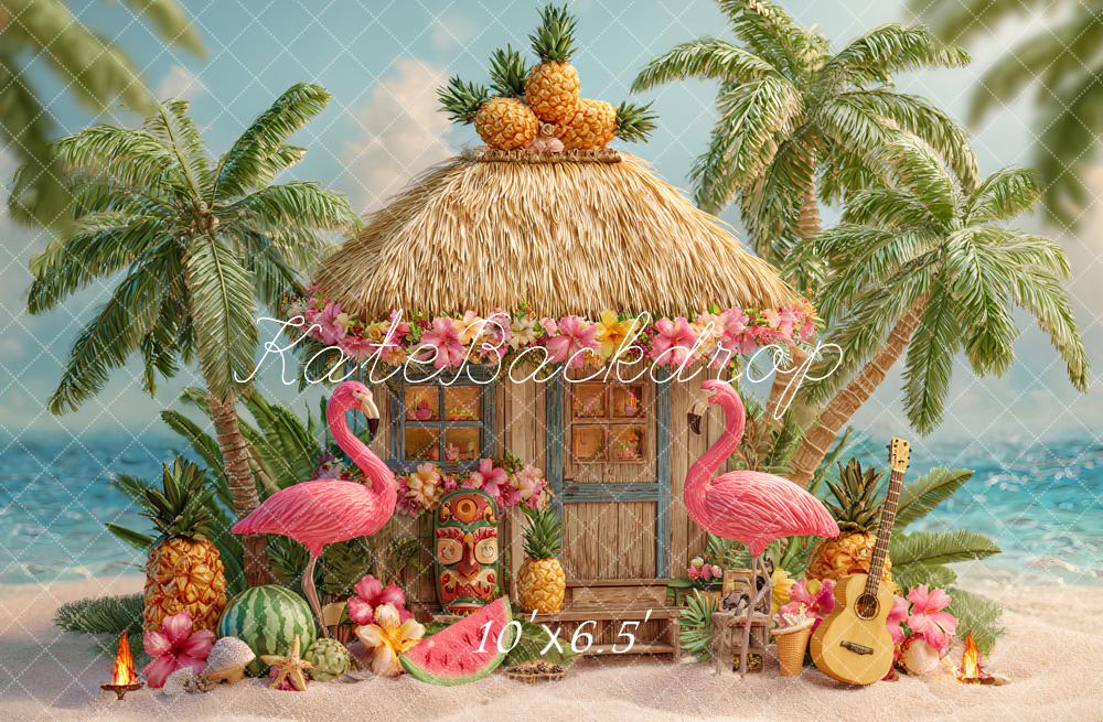 Kate Sommer Strandhütte Palmen Flamingos Hintergrund Entworfen von Ashley Paul - Kate Backdrop.de