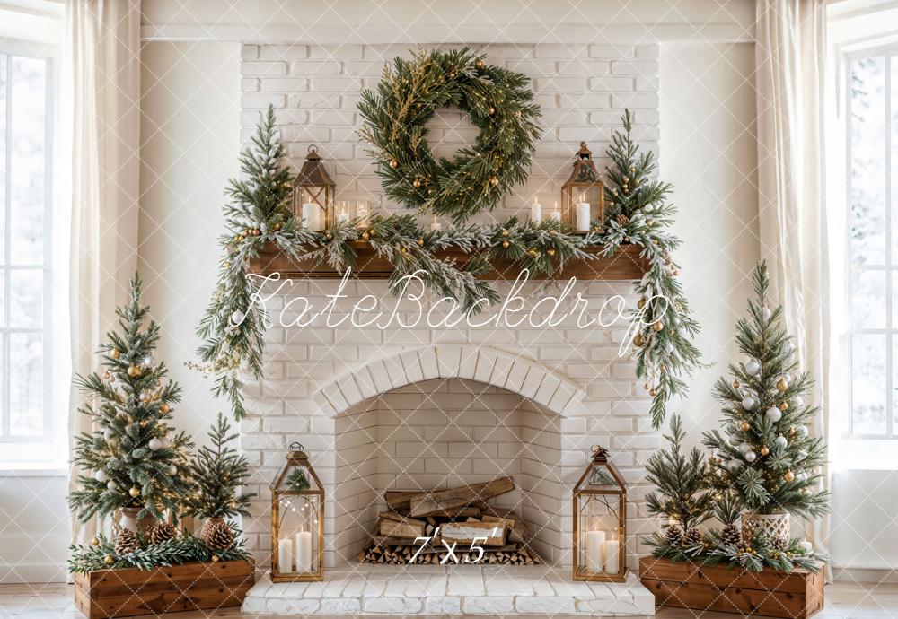 Kate Weihnachten Kamin Tannenzweige Weiß Hintergrund Entworfen von Emetselch - Kate Backdrop.de
