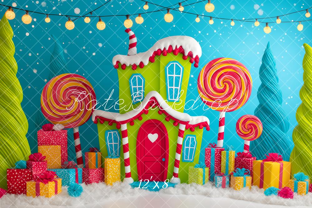 Kate Weihnachten Lebkuchenhaus Lollipops Bunt Hintergrund Entworfen von Patty Roberts - Kate Backdrop.de