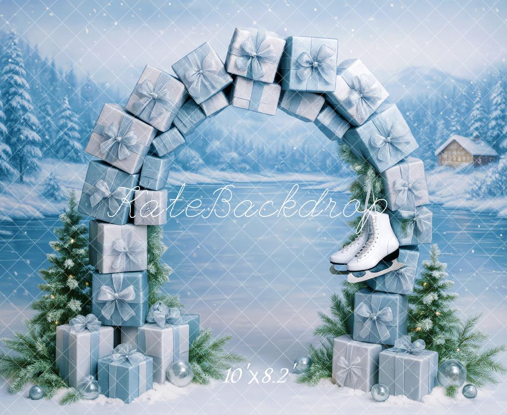 Kate Winter Geschenkboxen Bogen Blau Hintergrund Entworfen von Patty Roberts - Kate Backdrop.de
