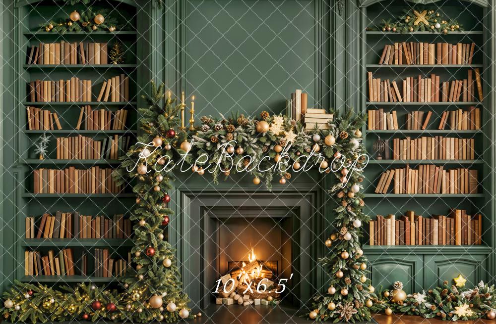 Kate Weihnachten Kamin Bücherregal Grün Hintergrund Entworfen von Emetselch - Kate Backdrop.de