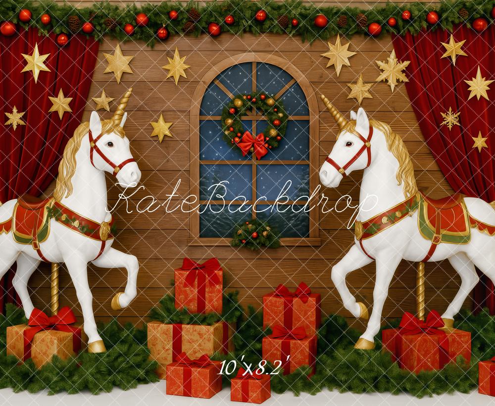 Kate Weihnachten Einhörner Geschenke Holz Hintergrund Entworfen von Patty Roberts - Kate Backdrop.de