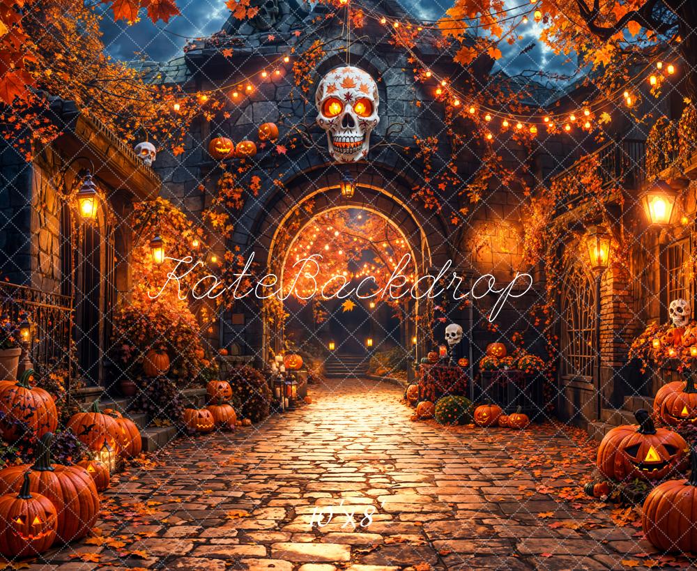 Kate Halloween Kürbisse Schädel Kopfsteinpflaster Fleece Hintergrund Entworfen von Emetselch - Kate Backdrop.de