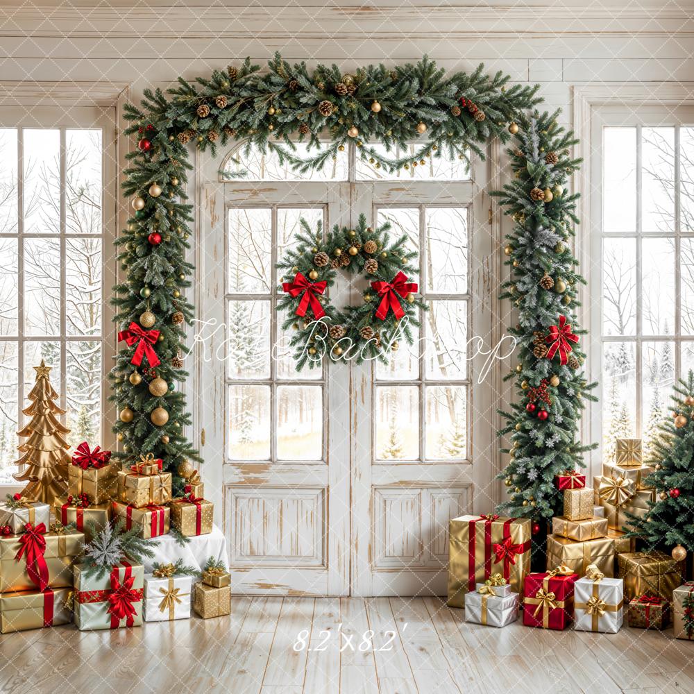 Kate Weihnachten Tür Kranz Geschenke Weiß Hintergrund Entworfen von Emetselch - Kate Backdrop.de