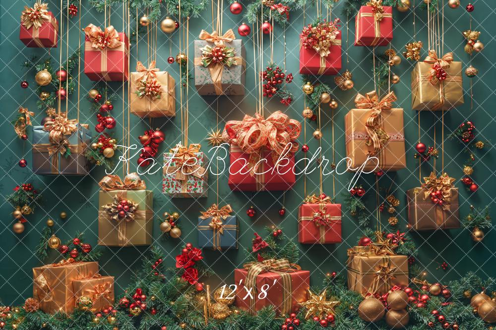 Kate Weihnachten Geschenke Tannenzweige Rot Gold Fleece Hintergrund Entworfen von Emetselch - Kate Backdrop.de