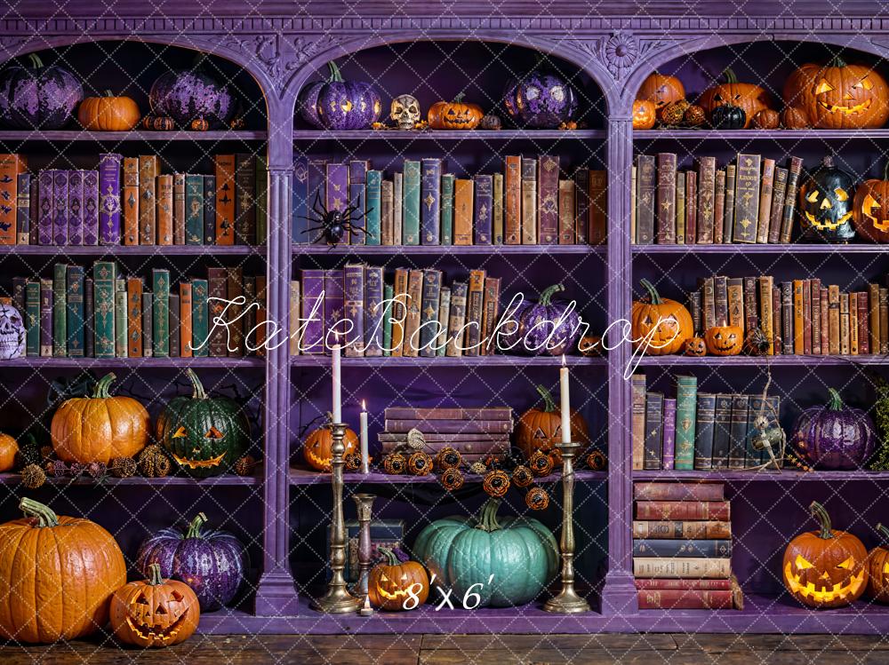 Kate Halloween Bücher Regal Kürbisse Lila Hintergrund Entworfen von Emetselch - Kate Backdrop.de