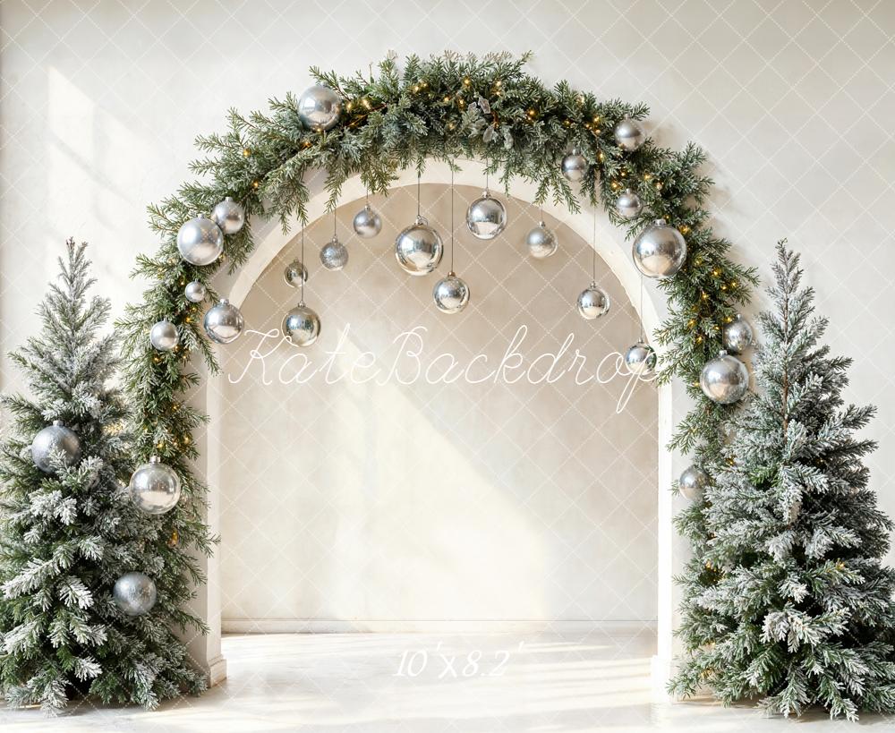 ⚡Blitzangebote #1-Kate Weihnachten Tannen Bogen Silberkugeln Fleece Hintergrund Entworfen von Emetselch - Kate Backdrop.de