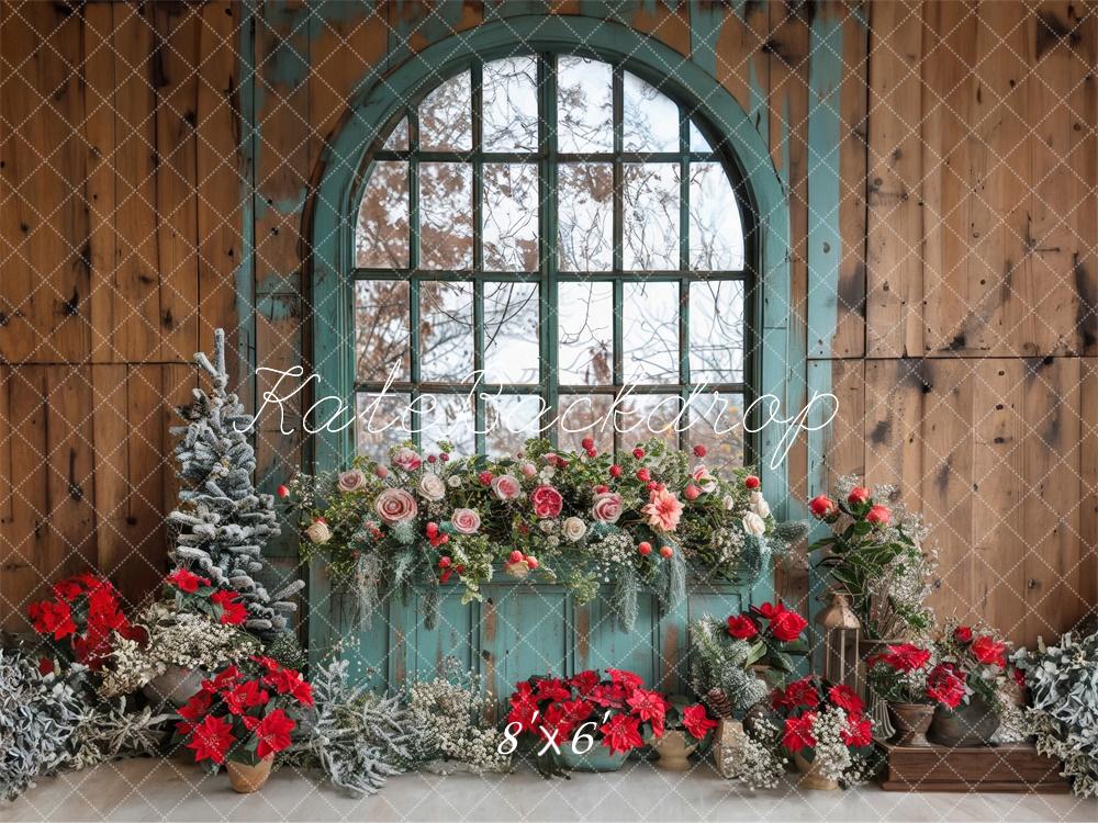 Kate Weihnachten Fenster Blumen Holz Hintergrund Entworfen von Laura Bybee - Kate Backdrop.de