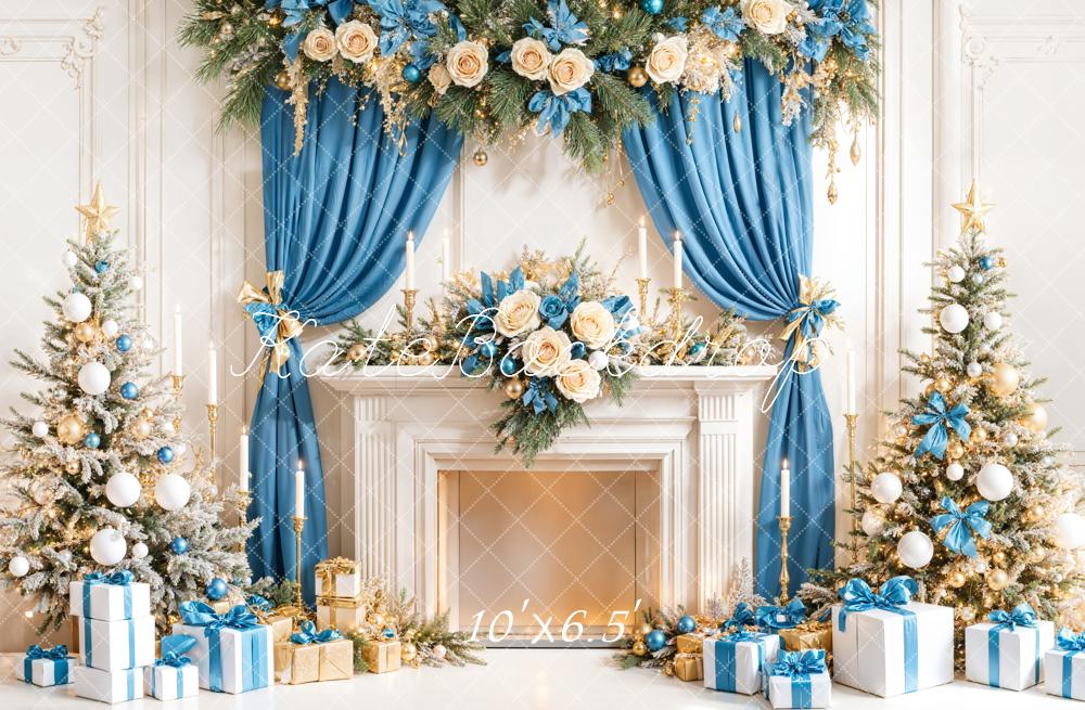 Kate Weihnachten Kamin Geschenke Blau Gold Hintergrund Entworfen von Emetselch - Kate Backdrop.de