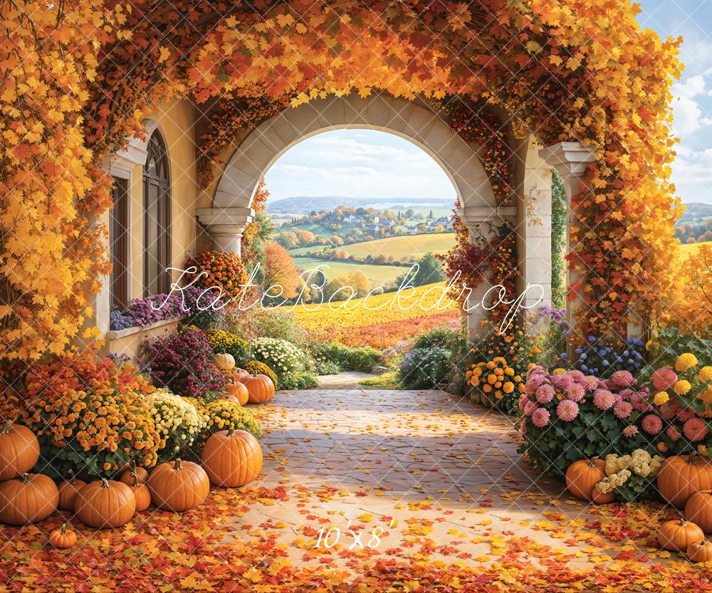 Kate Herbst Kürbisse Blumenbogen Landschaft Fleece Hintergrund Entworfen von Emetselch - Kate Backdrop.de