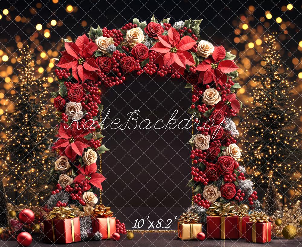 Kate Weihnachten Blumenbogen Geschenke Lichter Hintergrund Entworfen von Mini MakeBelieve - Kate Backdrop.de