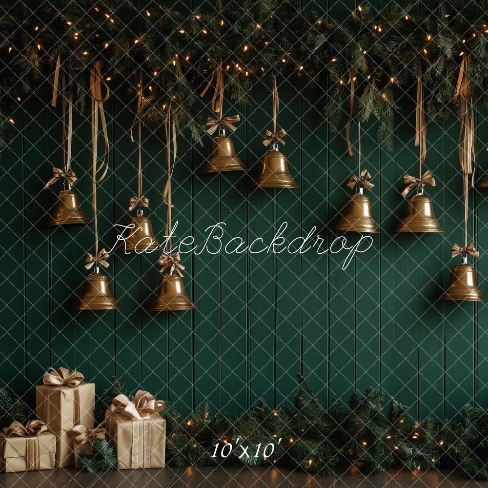 ⚡Blitzangebote-Kate Weihnachten Glocken Tannenzweige Grün Hintergrund Entworfen von Patty Roberts - Kate Backdrop.de