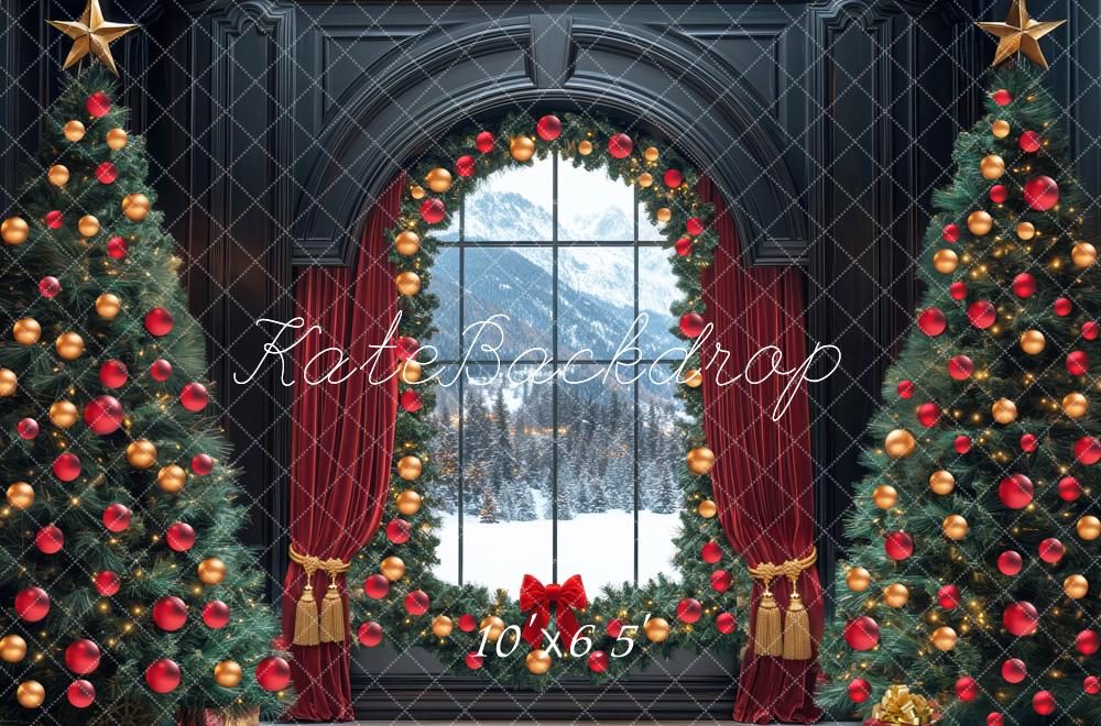 Kate Weihnachten Fenster Tannenbaum Rot Gold Hintergrund Entworfen von Mini MakeBelieve - Kate Backdrop.de