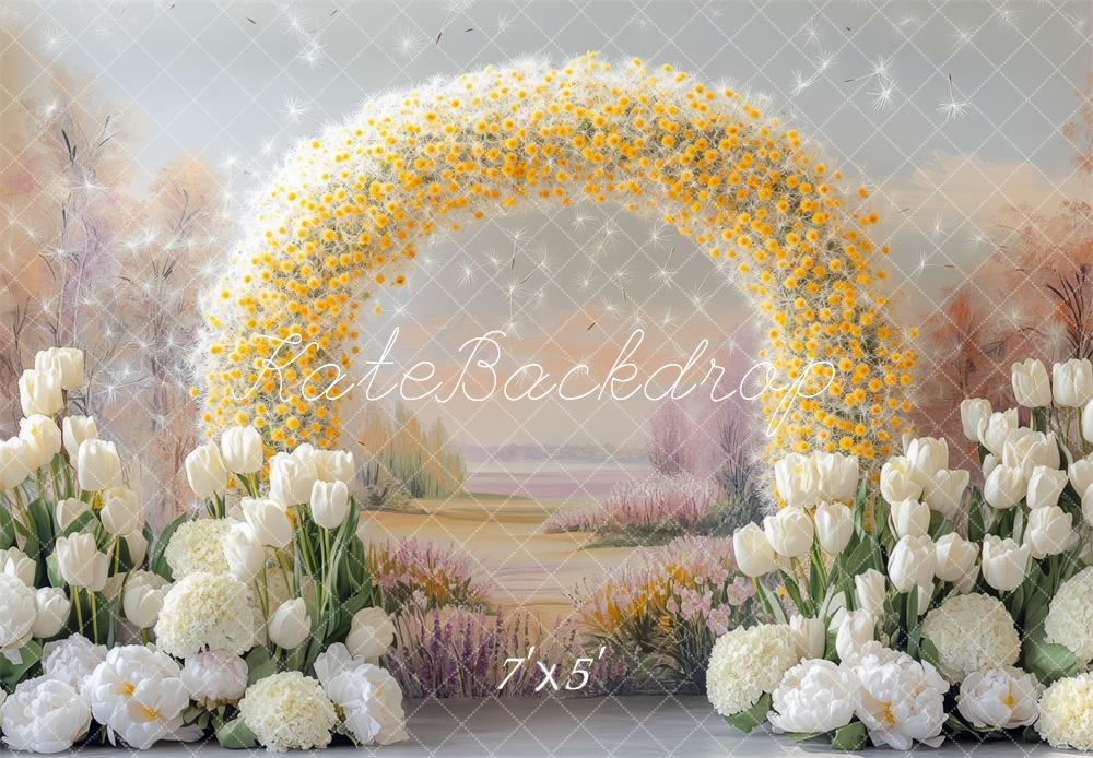 Kate Frühling Blumenbogen Weiß Gelb Hintergrund Entworfen von Mini MakeBelieve