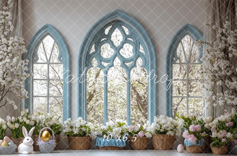 Kate Ostern Fenster Blumen Pastell Hintergrund Entworfen von Mini MakeBelieve - Kate Backdrop.de