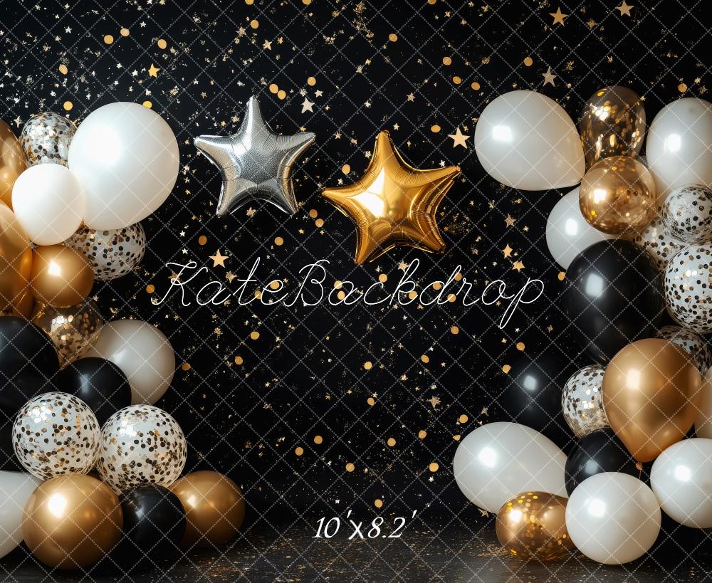 Kate Geburtstag Ballons Sterne Schwarz Gold Hintergrund Entworfen von Patty Roberts - Kate Backdrop.de