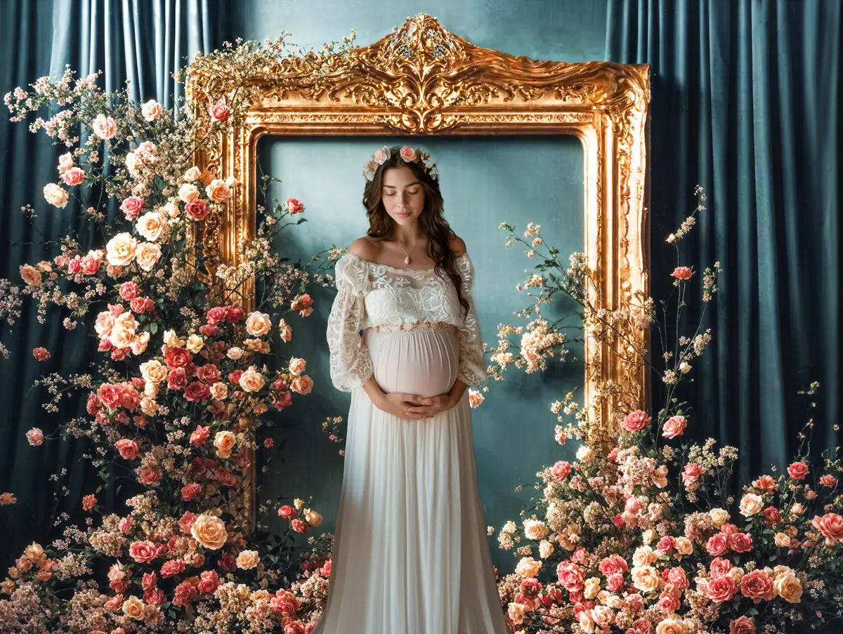 Kate Vintage Bunte Blumen Golden Rahmen Dunkelgrüne Vorhang Wand Hintergrund Entworfen von Emetselch - Kate Backdrop.de