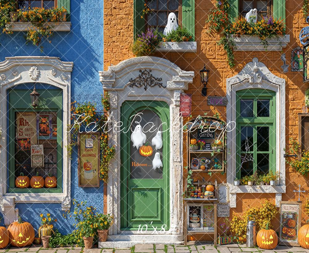 Kate Halloween Haus Fassade Kürbisse Hintergrund Entworfen von Emetselch - Kate Backdrop.de