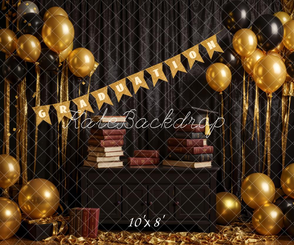 Kate Abschlusszeit Ballons Bücher Schwarz Gold Hintergrund Entworfen von Emetselch - Kate Backdrop.de