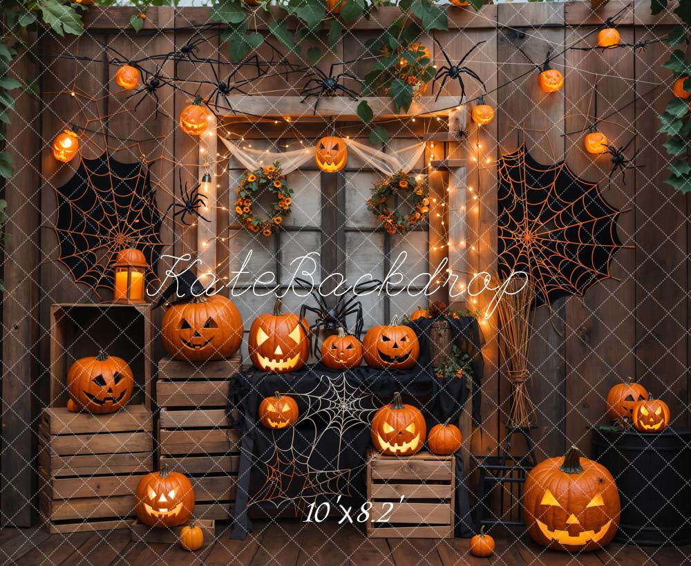 Kate Halloween Kürbisse Spinnennetze Holz Hintergrund Entworfen von Emetselch
