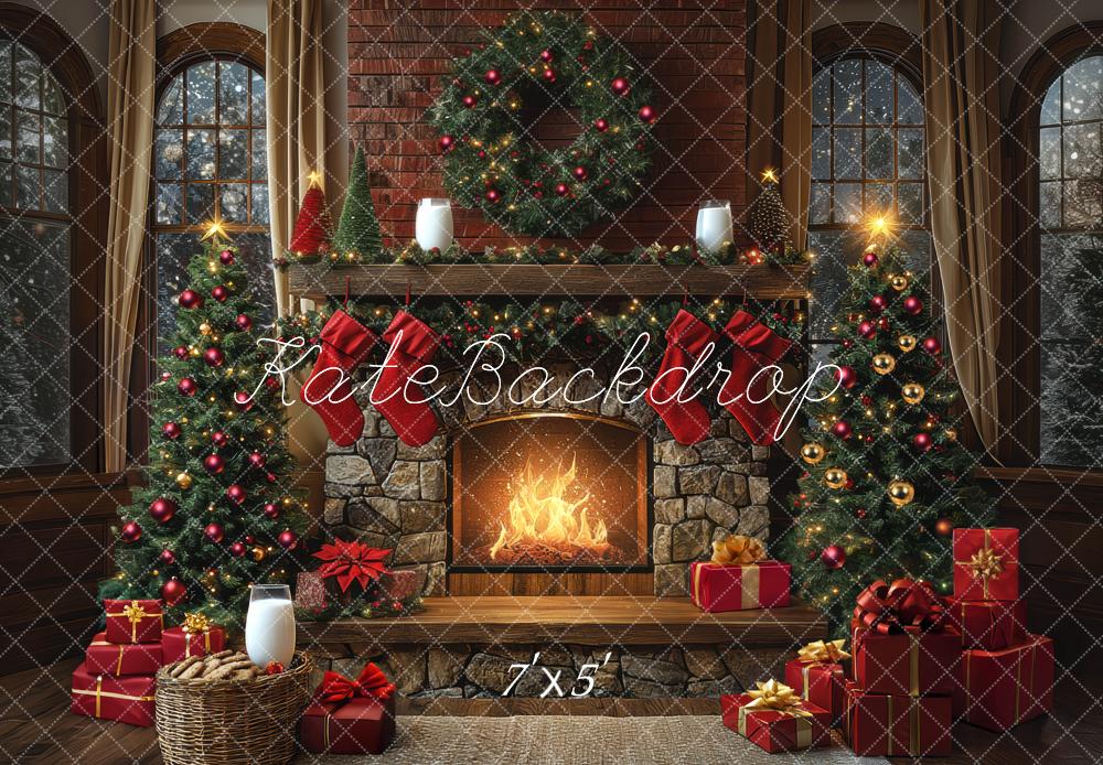 Kate Weihnachten Kaminbaum Geschenke Rot Hintergrund Entworfen von Mini MakeBelieve - Kate Backdrop.de