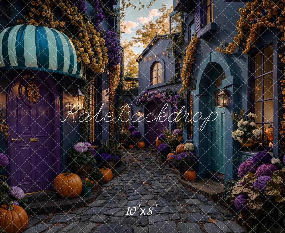 Kate Halloween Gasse Kürbisse Blumen Fleece Hintergrund Entworfen von Emetselch - Kate Backdrop.de