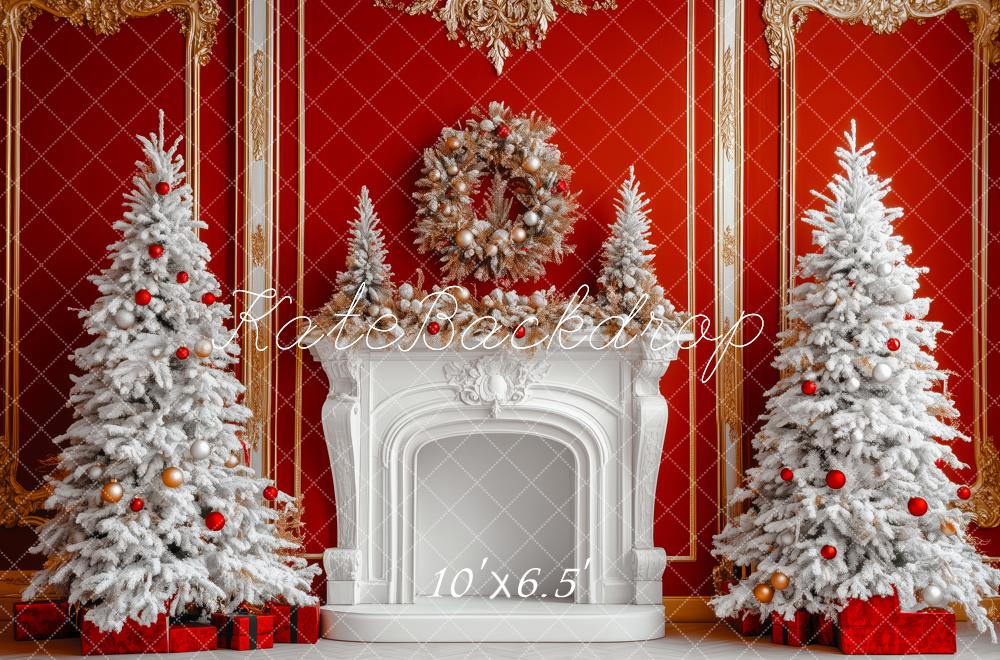 Kate Weihnachten Kamin Schneebäume Rot Hintergrund Entworfen von Patty Roberts