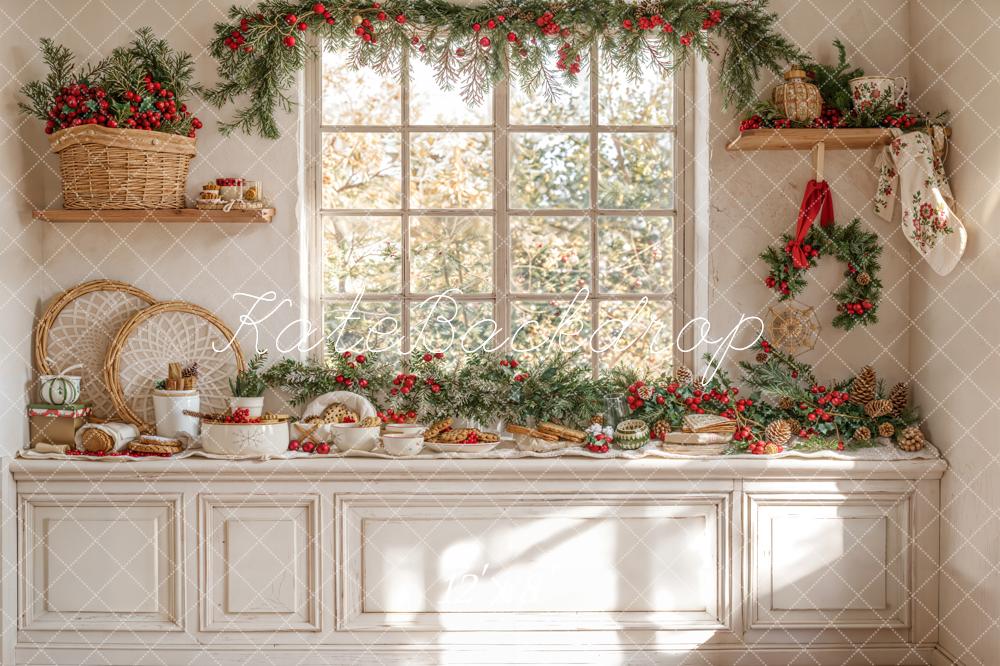 Kate Weihnachten Fenster Tannenzweige Rustikal Fleece Hintergrund Entworfen von Emetselch