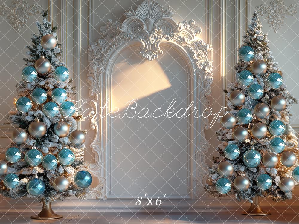 Kate Weihnachten Tannenbäume Blaue Kugeln Elegant Hintergrund Entworfen von Mini MakeBelieve - Kate Backdrop.de